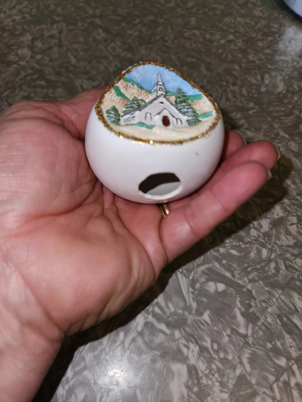 White Bell Ornament with Holly and Winter Chapel Scene